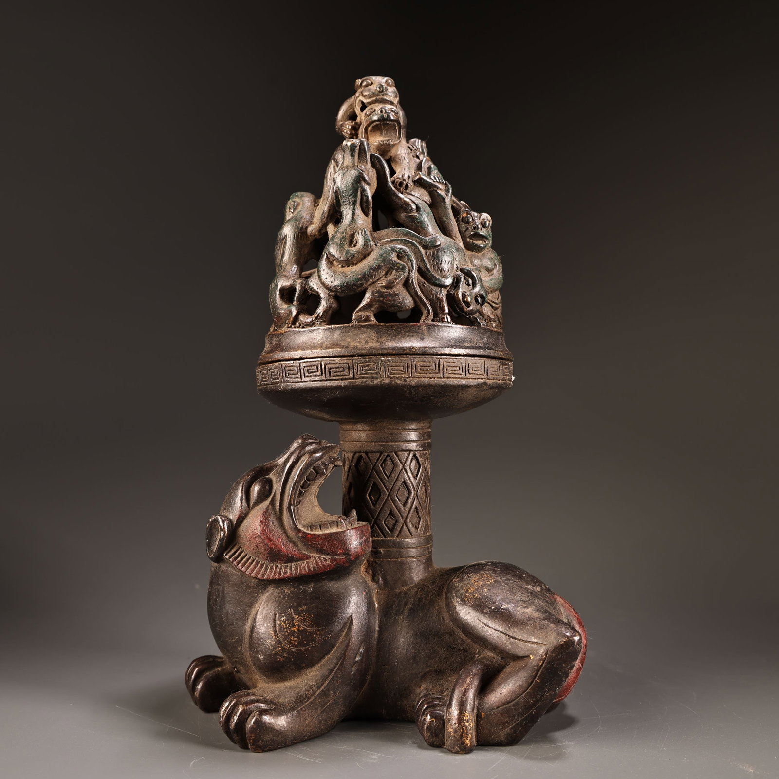 A Exquisite Bronze High-Relief Painted Colored Beast Bottom Censer (1 of 11)