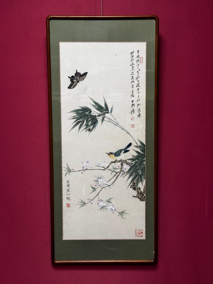 A Chinese Ink Flower and Bird Painting on Paper, With a Frame: A Chinese Ink Flower and Bird Painting on Paper, With a Frame,Modern Time of China,Zhang Daqian,Size:14.6inx33.9in(Without frame),18.5inx42.5in(Frame) 