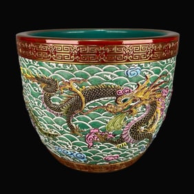 A Exquisite Enamel Painted Gold Carved Seawater and Dragon and Phoenix Pattern Vat