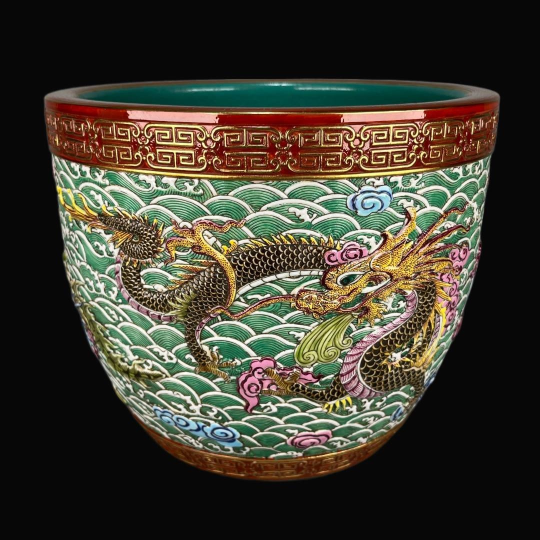 A Exquisite Enamel Painted Gold Carved Seawater and Dragon and Phoenix Pattern Vat: A Exquisite Enamel Painted Gold Carved Seawater and Dragon and Phoenix Pattern Vat,Qing Dynasty, China,Qianlong Six-character Mark,Size:7.3inx8.7inx5.5in 