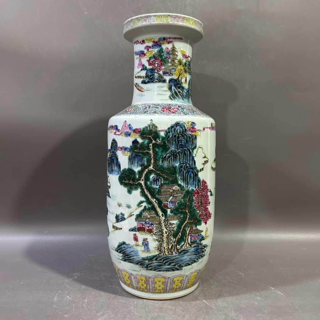 A Exquisite Famille-Rose Landscape Pattern Vase: A Exquisite Famille-Rose Landscape Pattern Vase,Qing Dynasty, China,Guangxu Six-character Mark,Size:6.3inx16.9in 