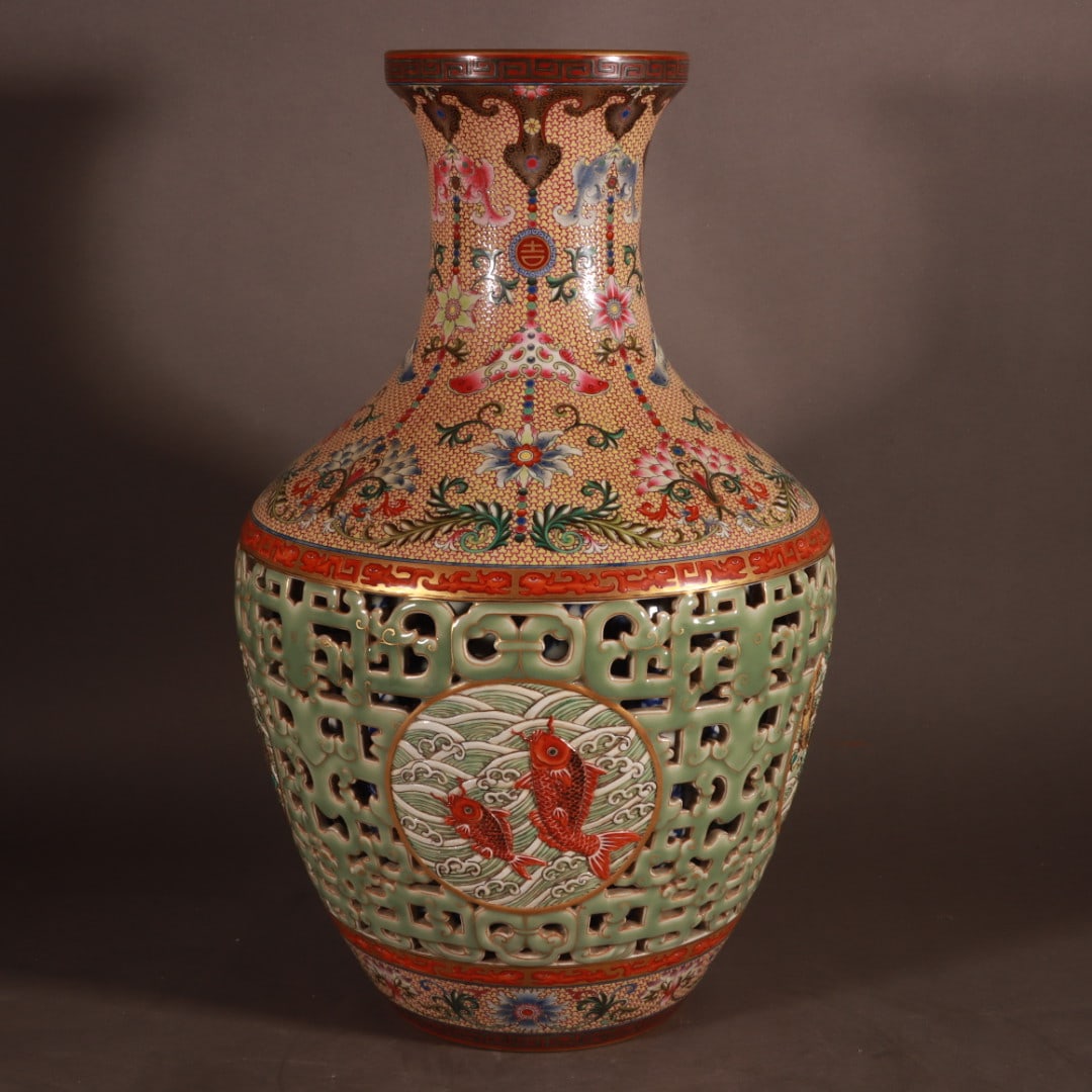 A Rare Famille-Rose Yellow ground Glzed Hollow Seawater PatternVase: A Rare Famille-Rose Yellow ground Glzed Hollow Seawater PatternVase ,Qing Dynasty, China,Qianlong Six-character Mark,size:16.5inx5.3in 粉彩黄地豆青釉镂&