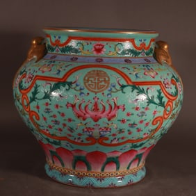 A Rare Green Glazed Enamel Bird Pattern Jar