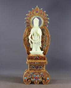 A Exquisite Filigree Gilt Inlaid Hetian Jade Buddha Statue