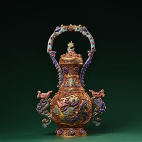 A Exquisite Silver Filigree Inlaid Gems Cloisonne Vase