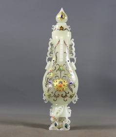 A Exquisite Hetian Jade Gold and Silver-Inlaid Inlaid Gems Deer Vase