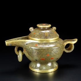 A Rare Hetian Jade Gold-Inlaid Wine Pot