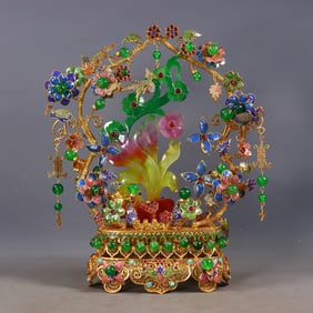 A Exquisite Filigree Gilt Inlaid Jadeite Flower and Bird Ornament