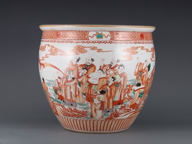 A Rare  Iron Red Five Color Figure Pattern Vat