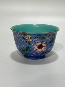 A Exquisite Famille-Rose Blue Ground Flower Pattern Bowl