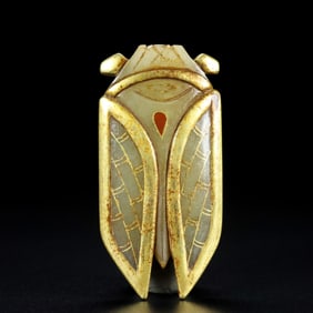 A Rare Hetian Jade Gold-Inlaid Cicada
