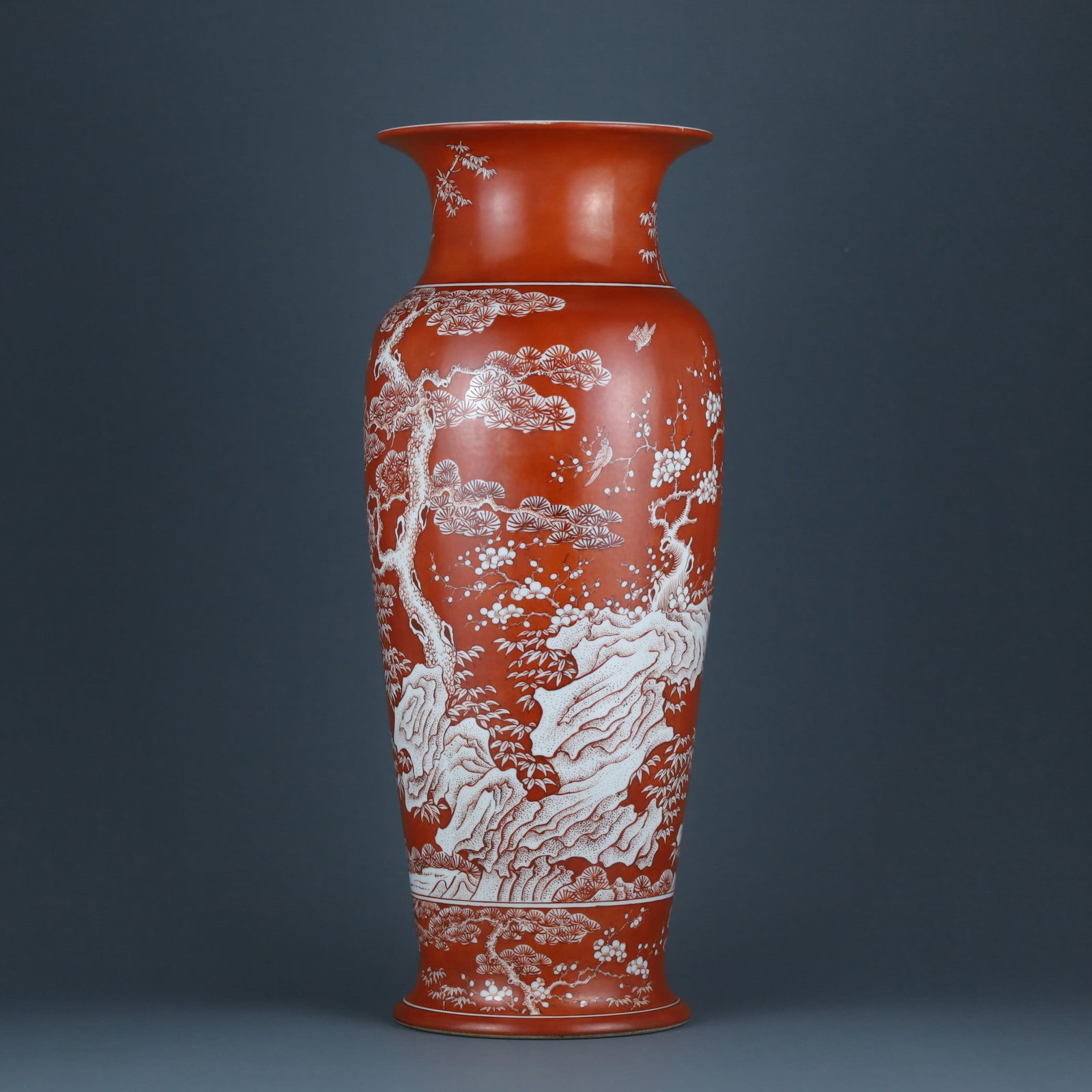 A Exquisite Iron-Red Pine and Bamboo Pattern Vase: A Exquisite Iron-Red Pine and Bamboo Pattern Vase,Qing Dynasty, China,Qianlong Six-character Mark,Size:16.1inx6.9in 