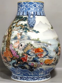 A Exquisite Blue and White Famille-Rose Rabbit Pattern Vase