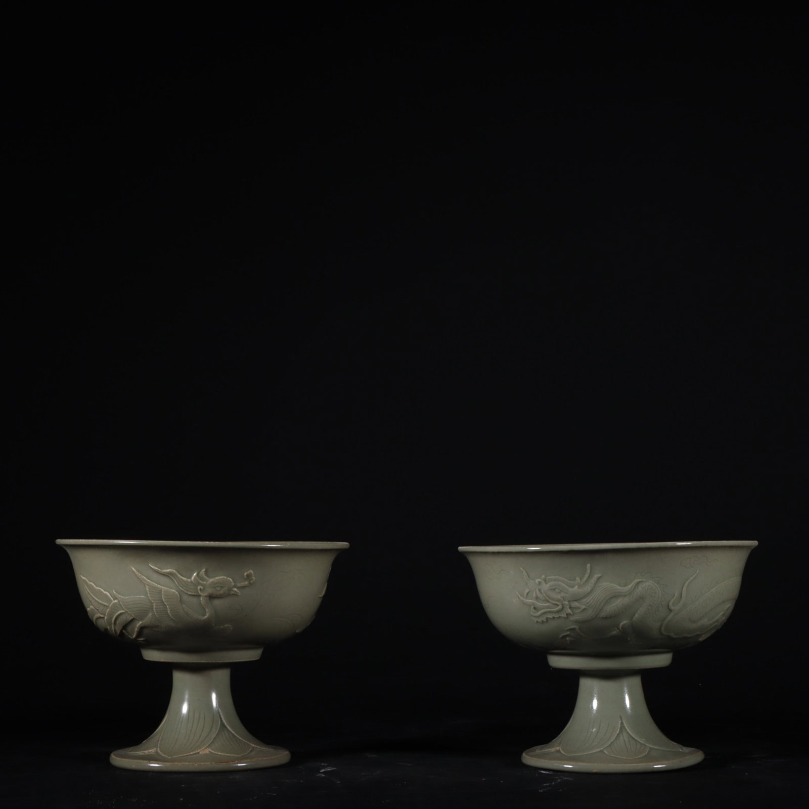 A pair of Exquisite Yue yao Celadon Dragon and Phoenix Pattern Cup: A pair of Exquisite Yue yao Celadon Dragon and Phoenix Pattern Cup,Tang Dynasty, China,Size:3inx4.1in 