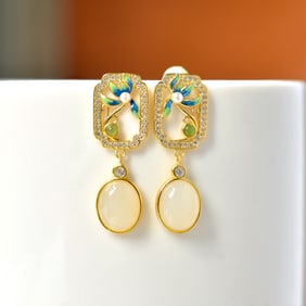 A pair of Exquisite  Silver Inlaid Hotan Jade Flower-patterned Earring