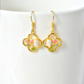 A pair of Exquisite  Silver Inlaid Jasper Lotus-patterned Earring