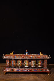 A Exquisite Bronze Dzi Bead-Inlaid Prayer Wheel