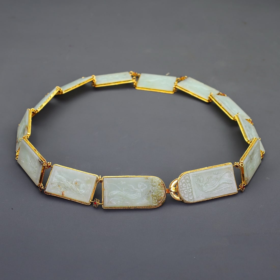 A Exquisite Hetian Jade Cloisonne Human Pattern Belt: A Exquisite Hetian Jade Cloisonne Human Pattern Belt,Qing Dynasty, China,Size:37.8inx1.5in,Weight:430g 