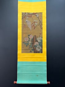 A Chinese Vertical Scroll Ink Painting of Flower and Bird on Silk