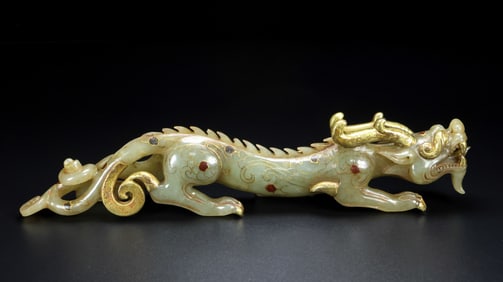 A Rare Hetian Jade Gold-Inlaid Dragon