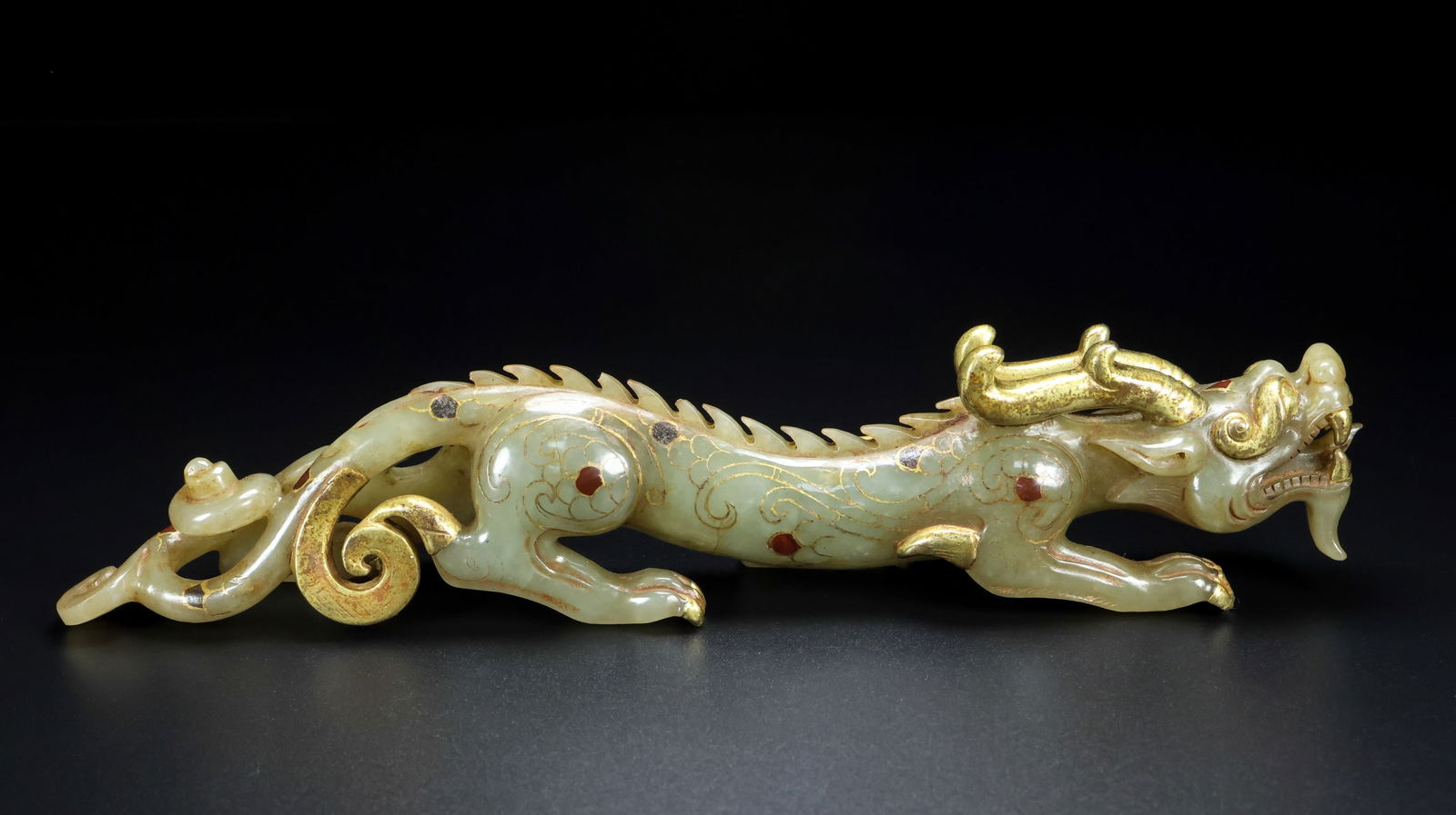 A Rare Hetian Jade Gold-Inlaid Dragon: A Rare Hetian Jade Gold-Inlaid Dragon,Han Dynasty, China,Size:9.1inx1.6inx2in, Weight:336g 和田玉错金龙,中国汉代