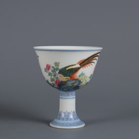 A Rare  Enameled Golden Pheasant and Peony Pattern Stem Cup