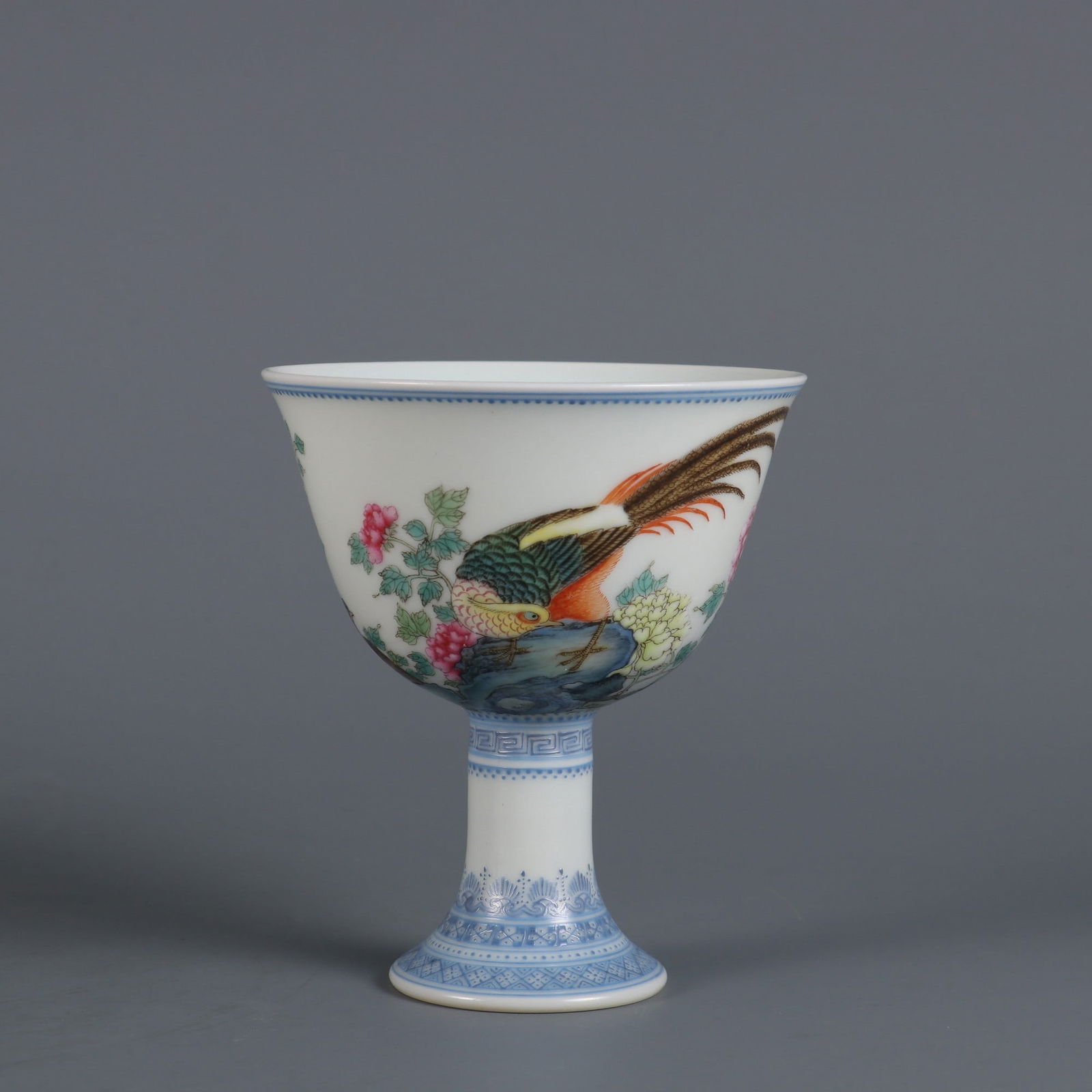 A Rare Enameled Golden Pheasant and Peony Pattern Stem Cup (1 of 9)