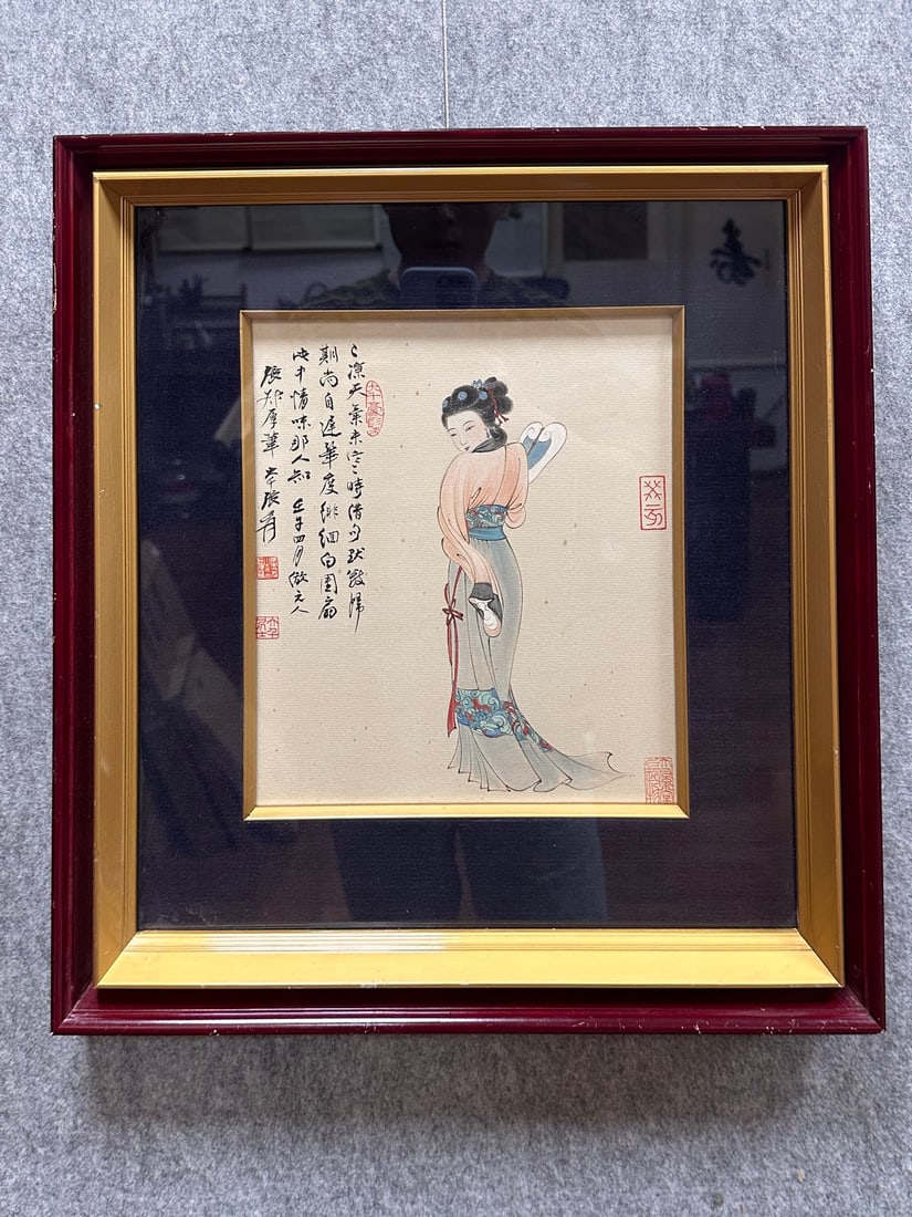 A Chinese Vertical Scroll Ink Painting of Figures on Silk, With a Frame (1 of 5)