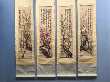 A Set of Chinese Ink Wash Flower Paintings on Paper, Vertical Scrolls