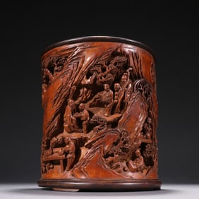 A Exquisite Bamboo Carving Character and Story Pattern Brush Pot