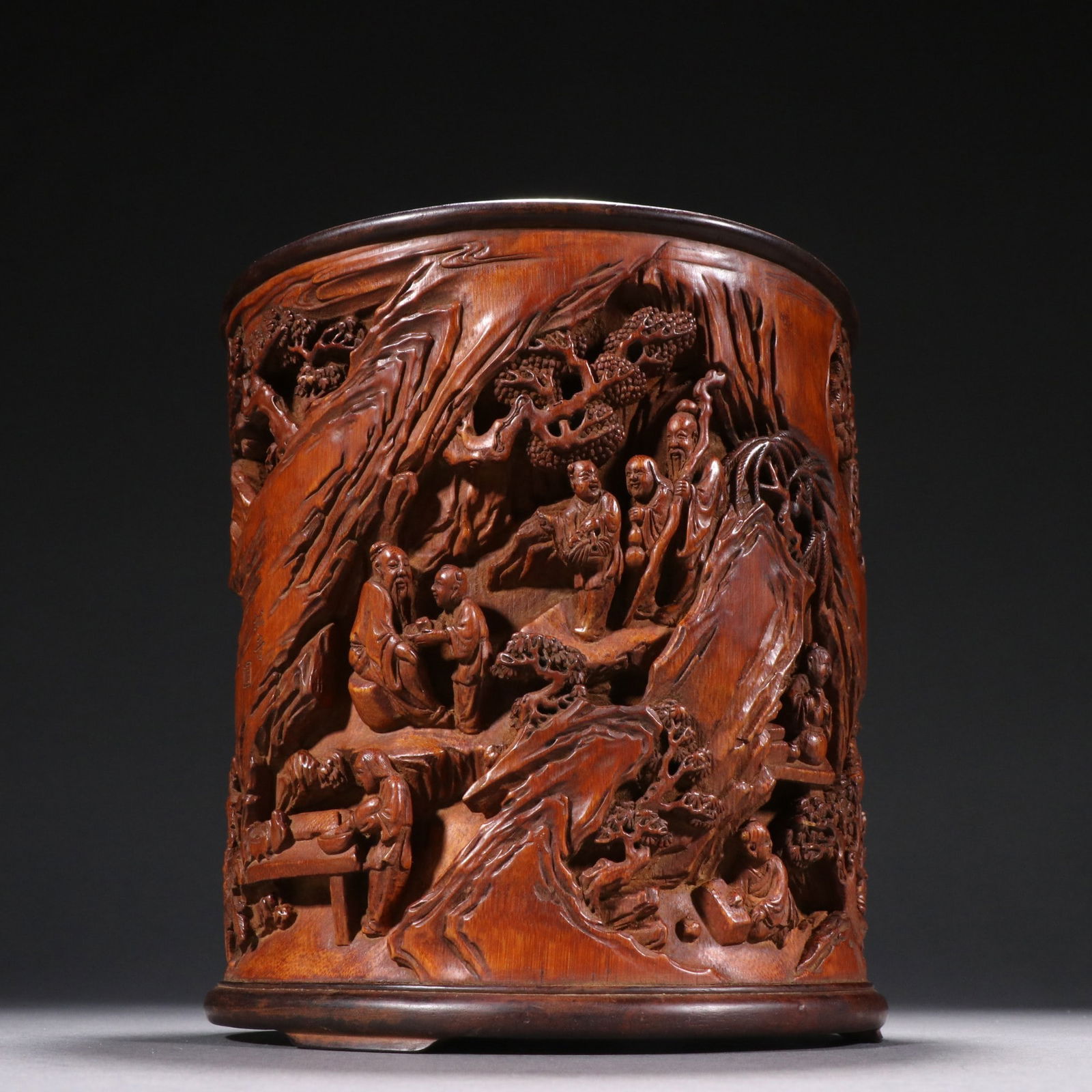 A Exquisite Bamboo Carving Character and Story Pattern Brush Pot: A Exquisite Bamboo Carving Character and Story Pattern Brush Pot,Qing Dynasty, China,With Mark,Size:6.9inx6.7in 竹雕人物故事纹笔筒,中国