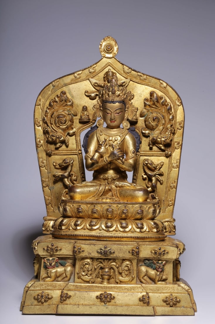 A Solemn Gilt Bronze Statue of Vajradhara: A Solemn Gilt Bronze Statue of Vajradhara,Qing Dynasty, China,Size:6.7inx4.7inx10.8in,Weight:3575g 