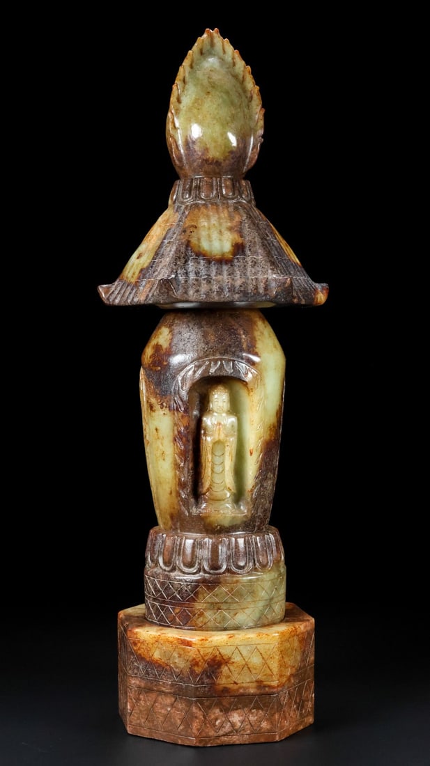 A Exquisite Hotan Jade Stupa Ornament: A Exquisite Hotan Jade Stupa Ornament,Ming Dynasty, China,Size:15.7inx5.1inx5.1in,Weight:4918g 和田玉佛塔摆件,中国明代