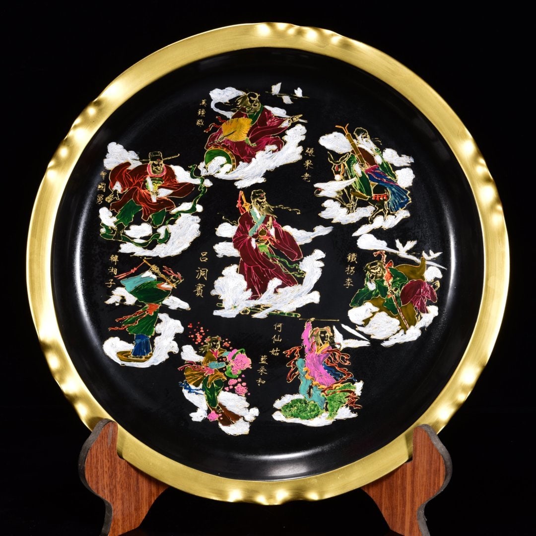 A Rare Black Ru yao Painted Color Painted Gold Eight Immortals Pattern Plate: A Rare Black Ru yao Painted Color Painted Gold Eight Immortals Pattern Plate,Song Dynasty, China,Size:2.2inx16.1in 