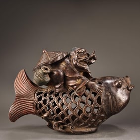 A Exquisite Bronze High-Relief Painted Colored Fisherman Fish Basket