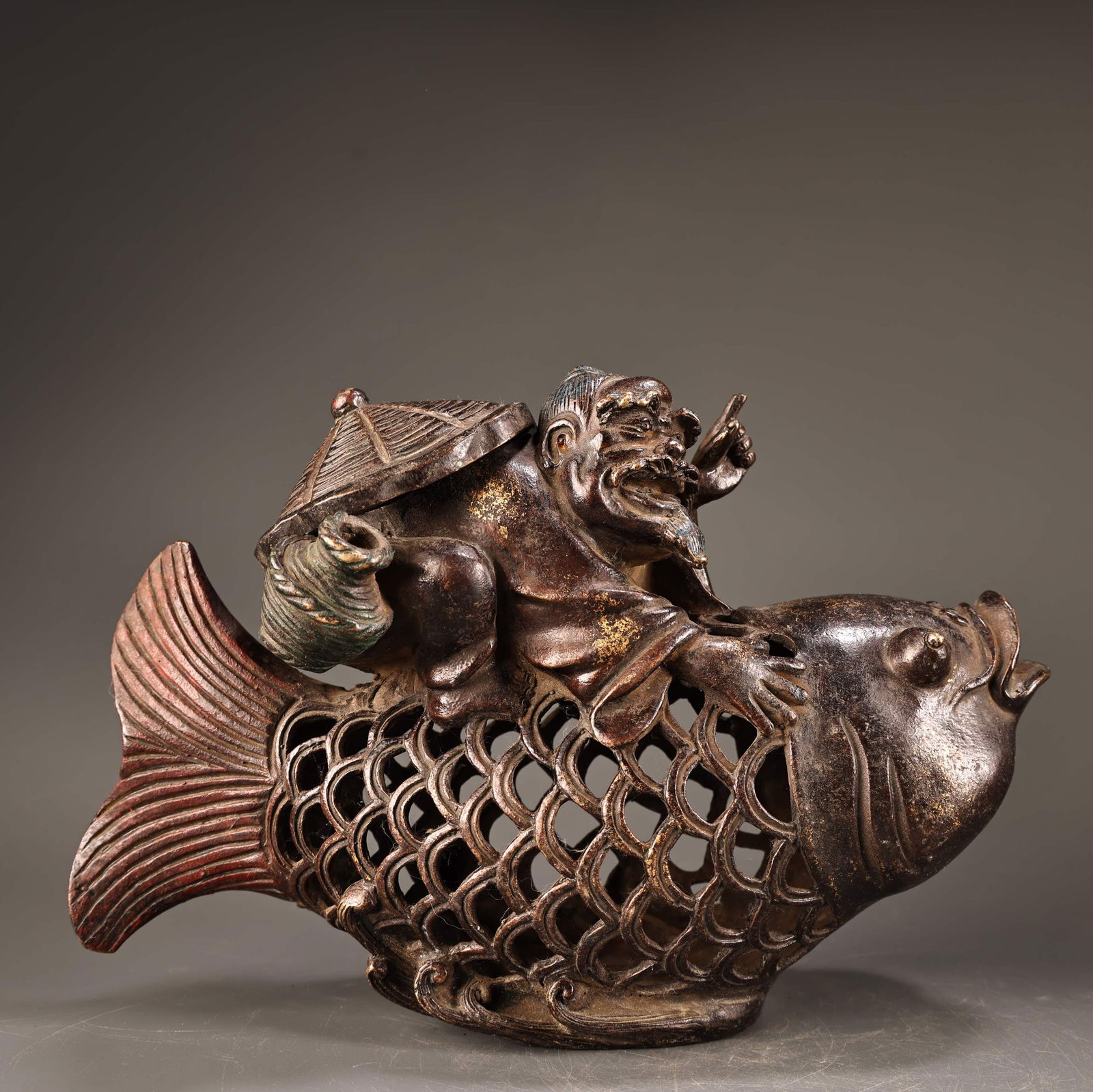 A Exquisite Bronze High-Relief Painted Colored Fisherman Fish Basket: A Exquisite Bronze High-Relief Painted Colored Fisherman Fish Basket,Ming Dynasty, China,Size:6.7inx9.4in,Weight:1500g 