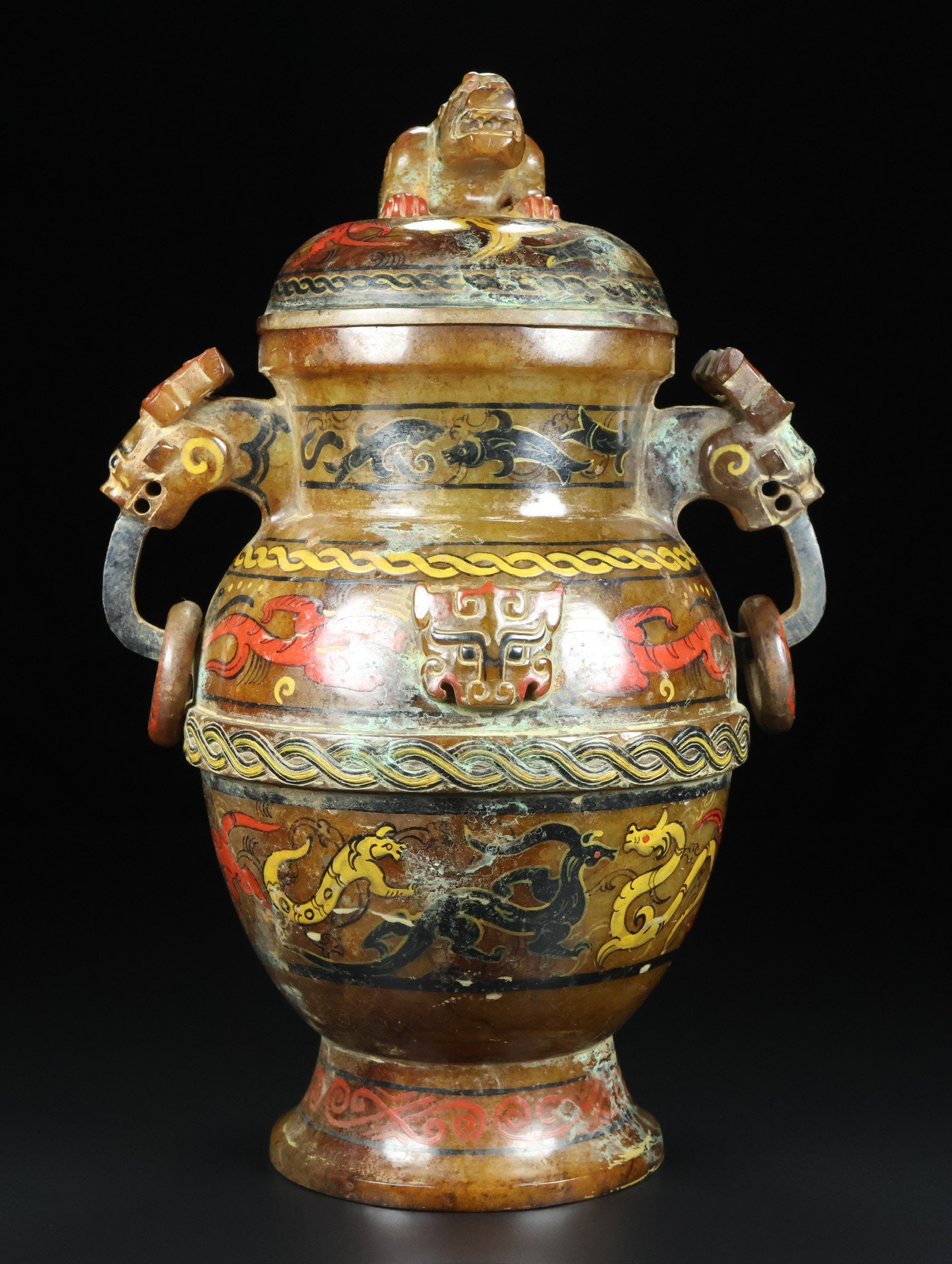 A Exquisite Hetian Jade Beast-Face Pattern Double-Ears Vase: A Exquisite Hetian Jade Beast-Face Pattern Double-Ears Vase,Han Dynasty, China,Size:6.7inx5.5inx10.2in,Weight:1679g 