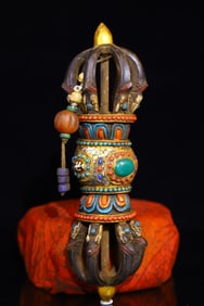 A Exquisite Bronze Dzi Bead-Inlaid Dharma ritual implement