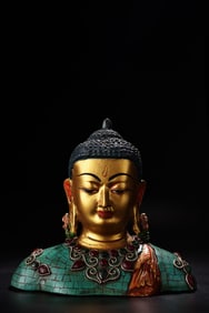 A Exquisite Coppery Inlaid Gems Painted Color Outline in gold Statue of Sakyamuni Buddha head