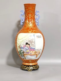 Coral Red Glazed Outline in gold Character and Story Pattern Double-Ears Vase