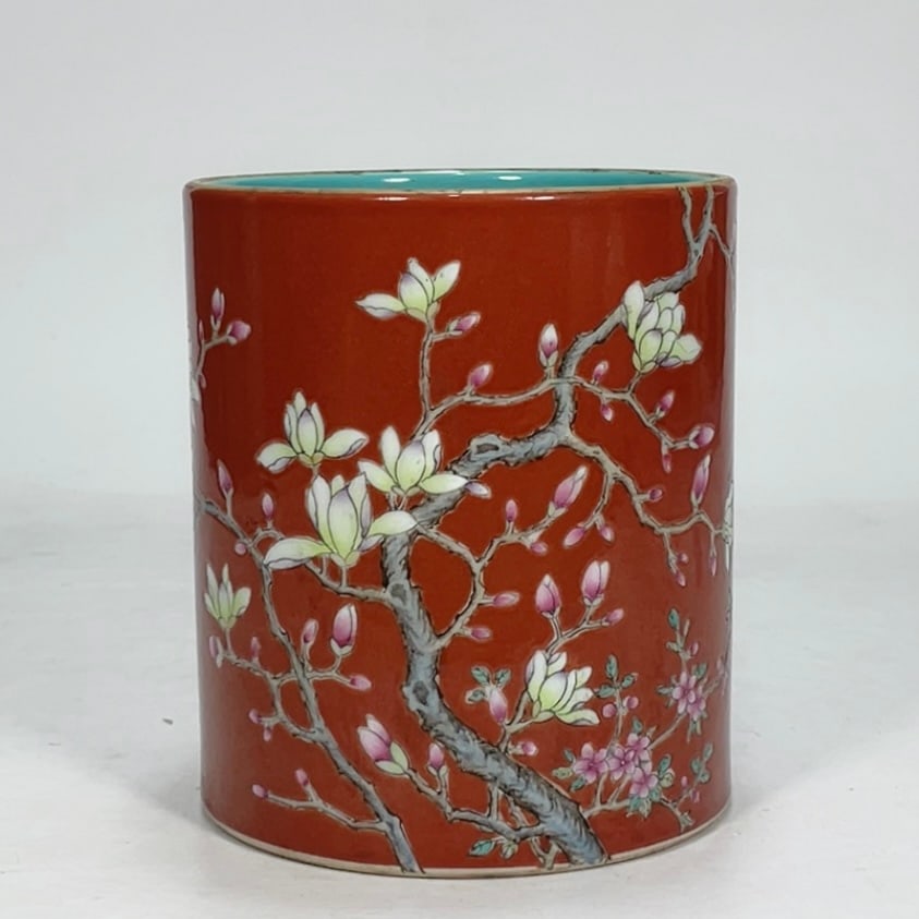A Exquisite Red Ground Famille-Rose Flower Pattern Brush Pot (1 of 9)