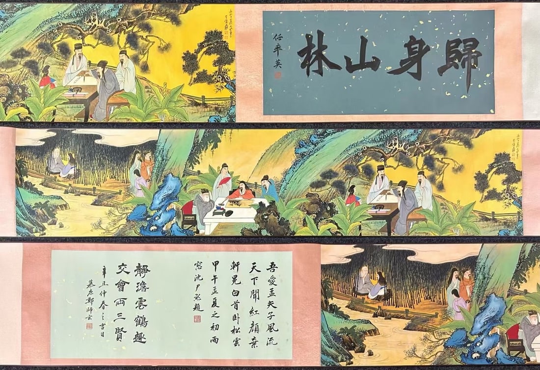 A Chinese Hand Scroll Ink Painting of Figures on Paper: A Chinese Hand Scroll Ink Painting of Figures on Paper,Modern Time of China,Zhang Daqian,without frame size:62.6inx13.6in 