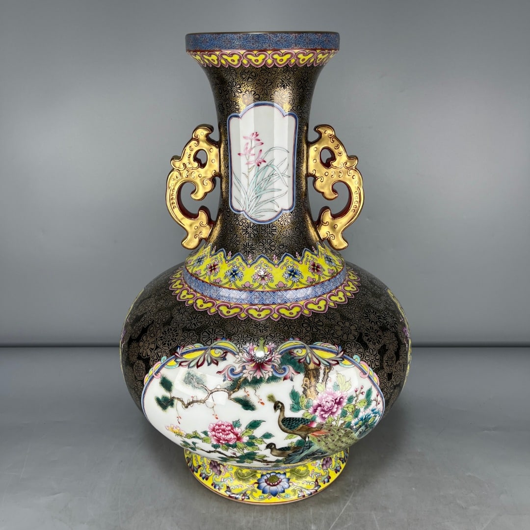 A Exquisite Enamel Painted Gold Flower and Bird Pattern Double-Ears Vase: A Exquisite Enamel Painted Gold Flower and Bird Pattern Double-Ears Vase,Qing Dynasty, China,Qianlong Six-character Mark,Size:17.7inx5.3inx7.5in 