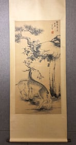 A Chinese Vertical Scroll Ink Painting of Deer on Paper