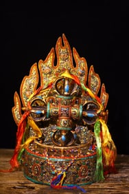 A Exquisite Sky Iron Chiseled and Dzi Bead-Inlaid Vajra