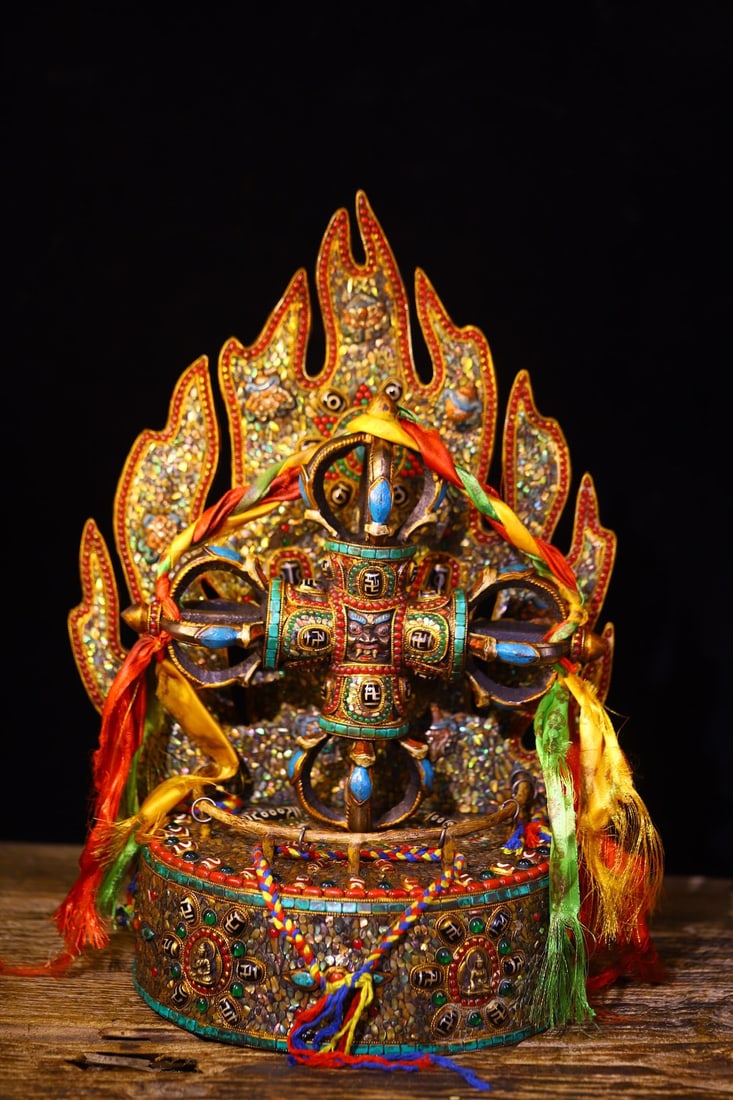 A Exquisite Sky Iron Chiseled and Dzi Bead-Inlaid Vajra (1 of 9)