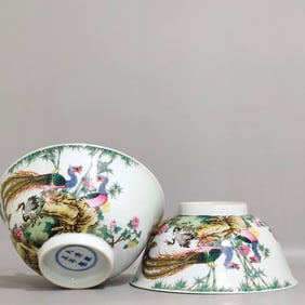 A pair of Famille-Rose Flower and Bird Pattern Bowl,With poem