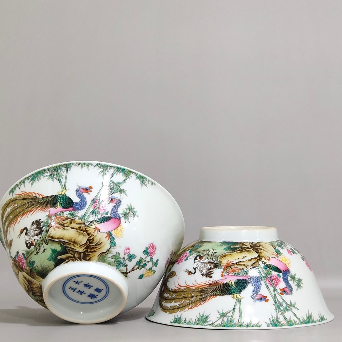 A pair of Famille-Rose Flower and Bird Pattern Bowl,With poem: A Rare A pair of Famille-Rose Flower and Bird Pattern Bowl,With poem,Qing Dynasty, China,Qianlong Six-character Mark,Size :3inx6.3in 