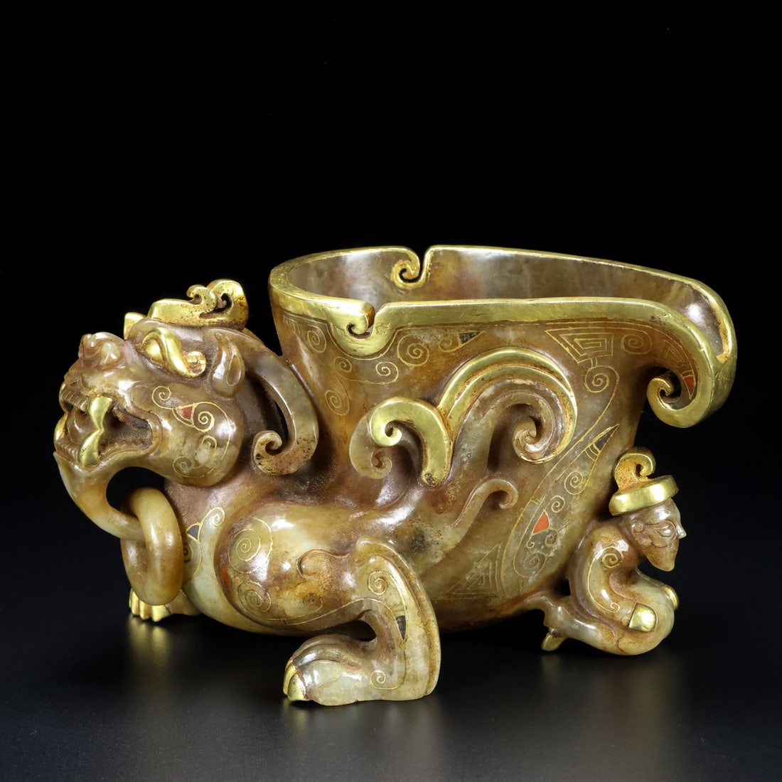 A Rare Hetian Jade Gold-Inlaid Horn Cup (1 of 9)