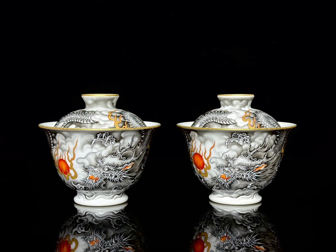 A pair of Exquisite Ink Color Painted Gold Seawater Dragon Pattern Bowl: A pair of Exquisite Ink Color Painted Gold Seawater Dragon Pattern Bowl,Qing Dynasty, China,Qianlong Four-character Mark,Size:3.9inx3.5inx1.8in 